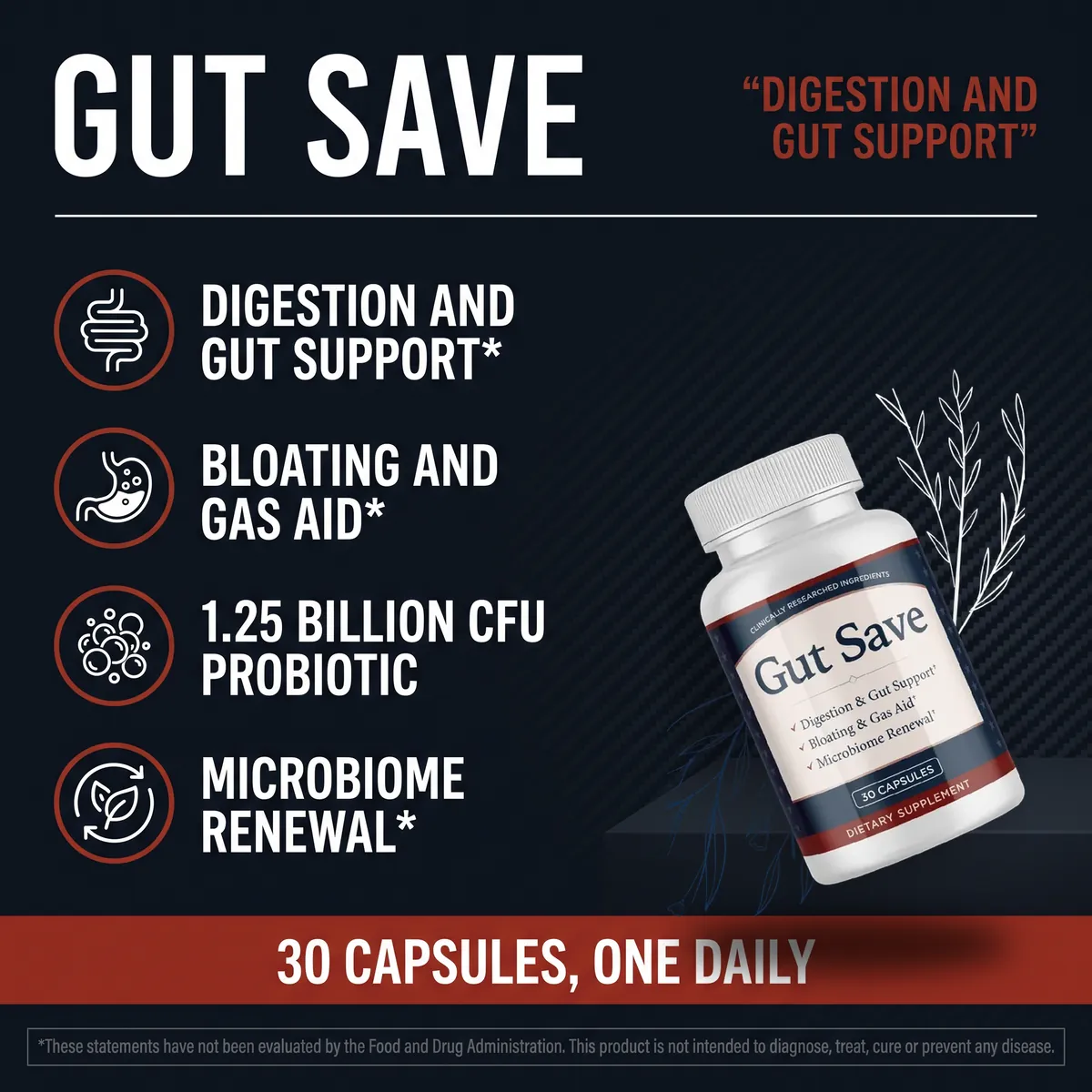 GutSave digestion and gut support: bloating and gas aid, 1.25 billion CFU probiotic, microbiome renewal