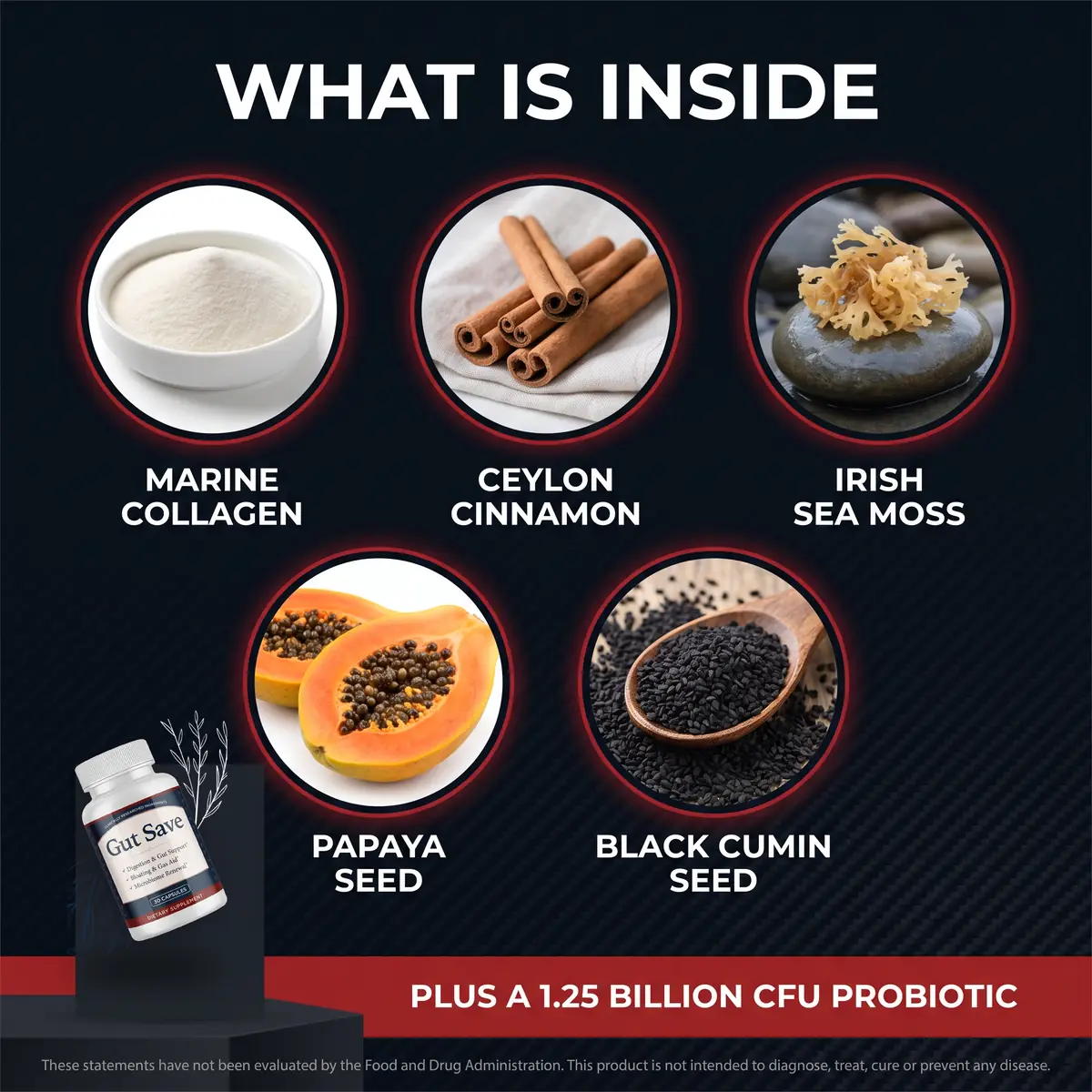 What is inside GutSave: marine collagen, Ceylon cinnamon, Irish sea moss, papaya seed and black cumin seed